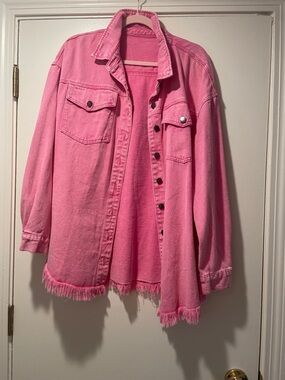 Pink Women's Denim Jacket with Frayed Hem Gunmetal Button Down